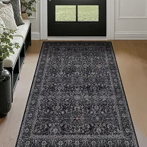 Vintage Dark 3x5 Entryway Rug Indoor Foyer, Earth Tone Farmhouse Throw Rug Bathroom, Machine Washable Non Slip Thin
