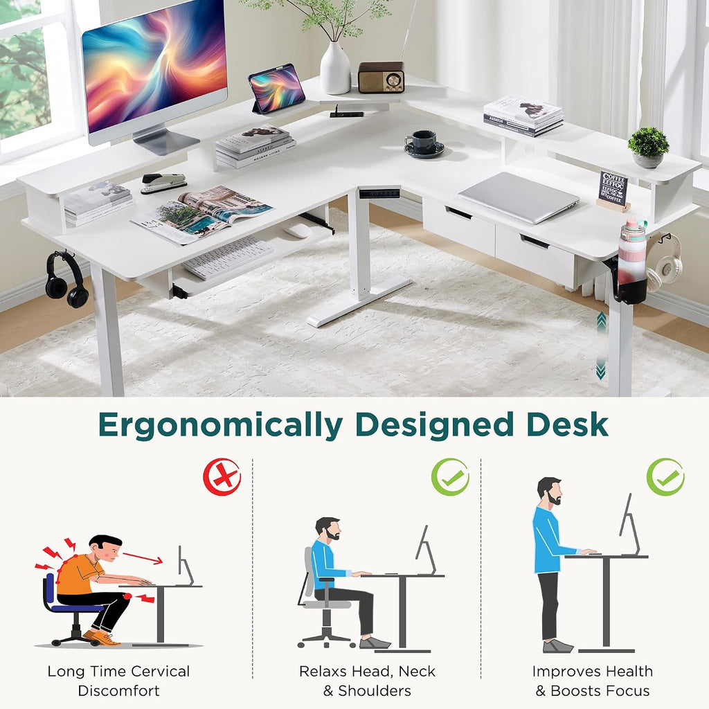 60 Inches L Shaped Electric Standing Desk 2 Tier, Antique White