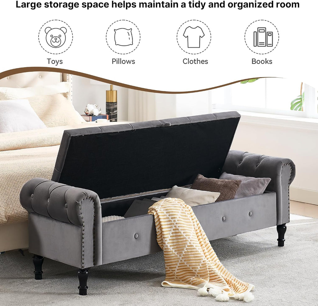 Storage Bench 67" Velvet End of Bed Benches Dark Grey | King Size Storage Bench with Rolled Arms Tufted Ottoman