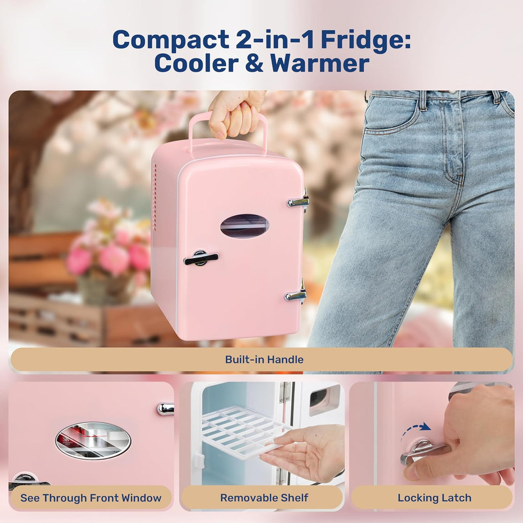Mini Fridge with Observation Window 4-Liter Six 12 oz Cans Portable Warmer & Cooler Compact Refrigerator, 100% Eco