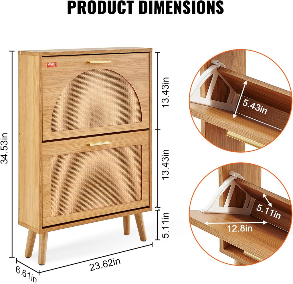Shoe Cabinet with 2 Flip Drawers, Shoe Storage Cabinet , Free Standing Shoe Storage Organizer with Rattan Doors for