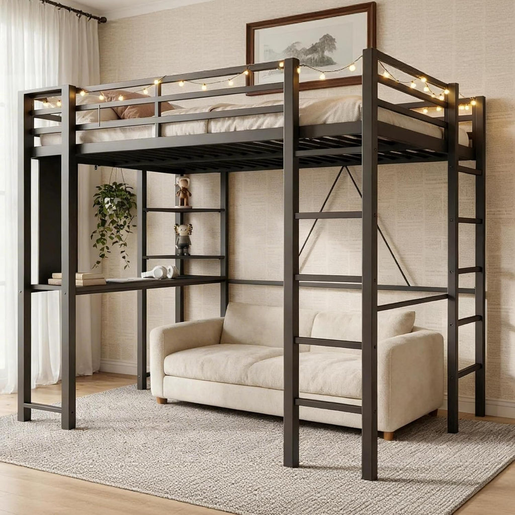 Loft Bed with Desk, Metal Loft Bed Full with 2 Built-in Ladders, Space-Saving Bed Frame, with Safety Guard