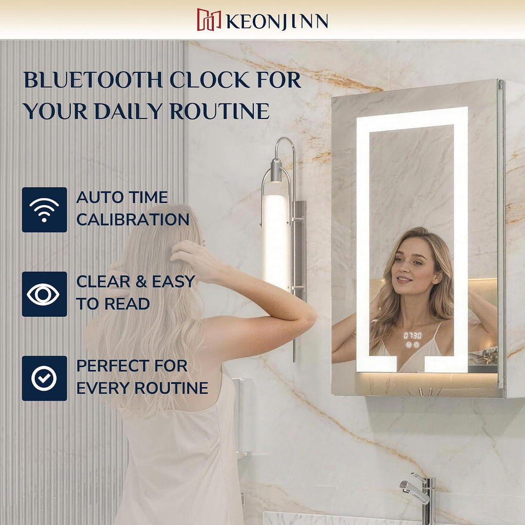 36 x 32 Inch Medicine Cabinet with Lights, LED Medicine Cabinet with Bluetooth Clock and Outlets, 3 Colors Light with