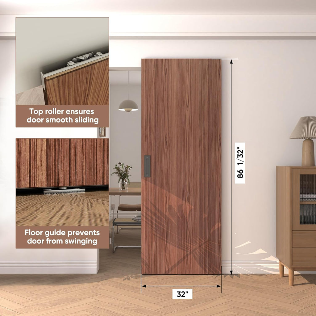 32"x86" Concealed Sliding Barn Door with Soft Close Hardware Kit, Brown Hidden Door for Opening 24"-