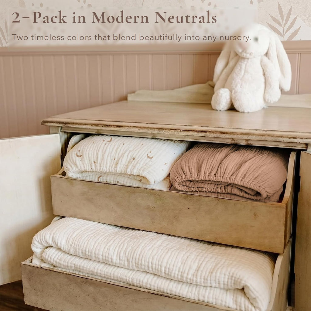 2 Pack Muslin Crib Sheets for Standard Crib Mattress, 52" x 28" | 100% Cotton, Soft & Breathable, 360° Elastic Snug