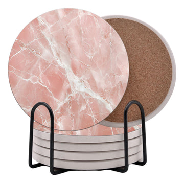 Pink Rose Quartz Agate Marble Round Coasters Set of 6 - Abosrbent Ceramic Coasters with Metal Stand for Drinks