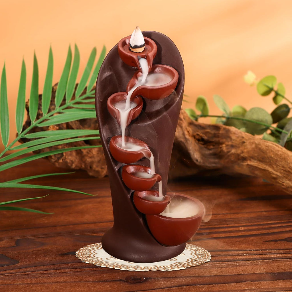 Backflow Incense Holder Ceramic Mountain Waterfall Smoke Fountain Aromatherapy Handmade Decoration - Set of 101