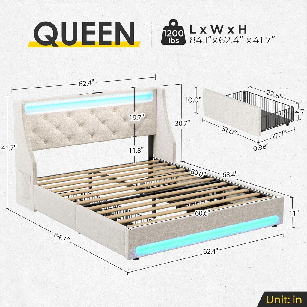 Queen Bed Frame with LED Lights and Charging Station, Upholstered Bed with Drawers, Wooden Slats, Noise Free