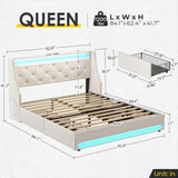 Queen Bed Frame with LED Lights and Charging Station, Upholstered Bed with Drawers, Wooden Slats, Noise Free