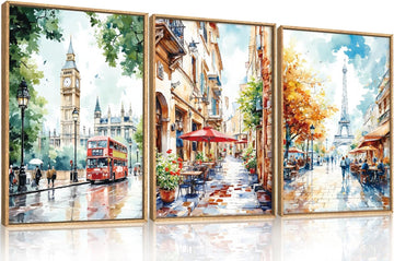 Watercolor European Cityscape Framed Canvas Wall Art Set,London Big Ben & Paris Eiffel Tower Street Scenery Wall