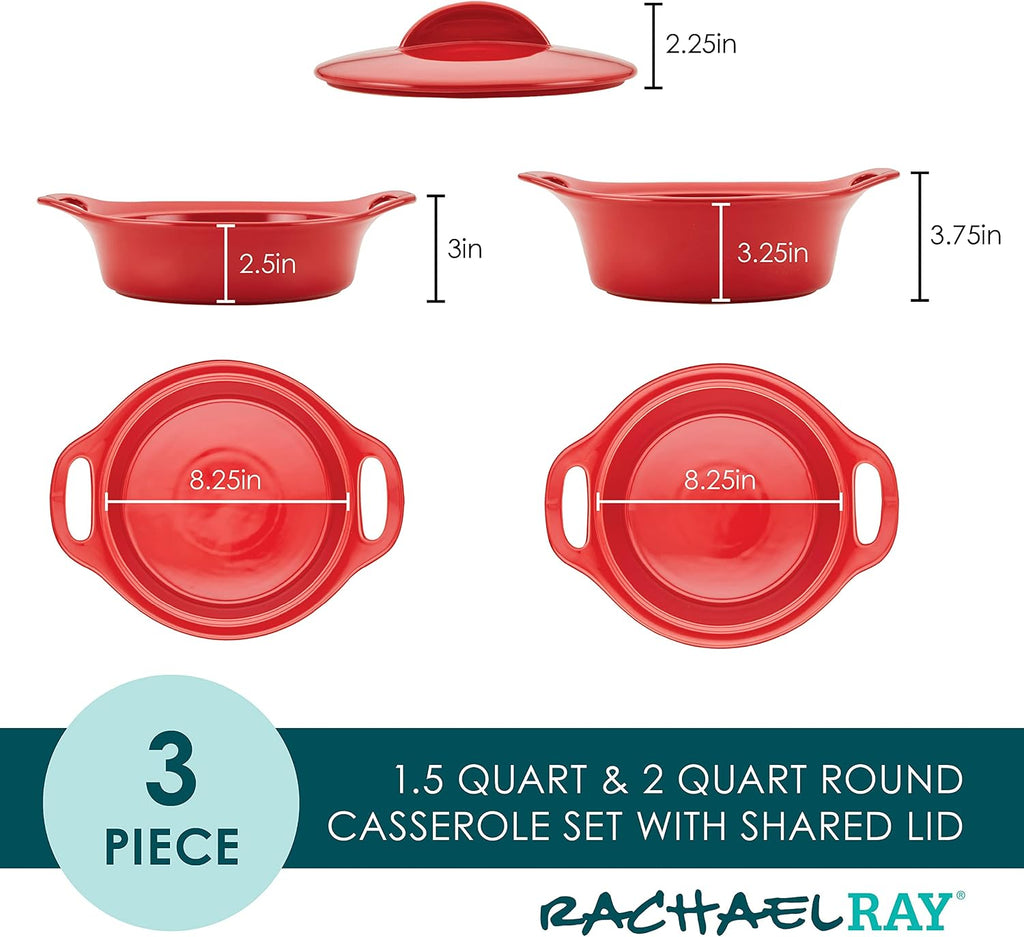 Solid Glaze Ceramics Casserole Bakers/ Dish with Shared Lid Set, 3 Piece, Red