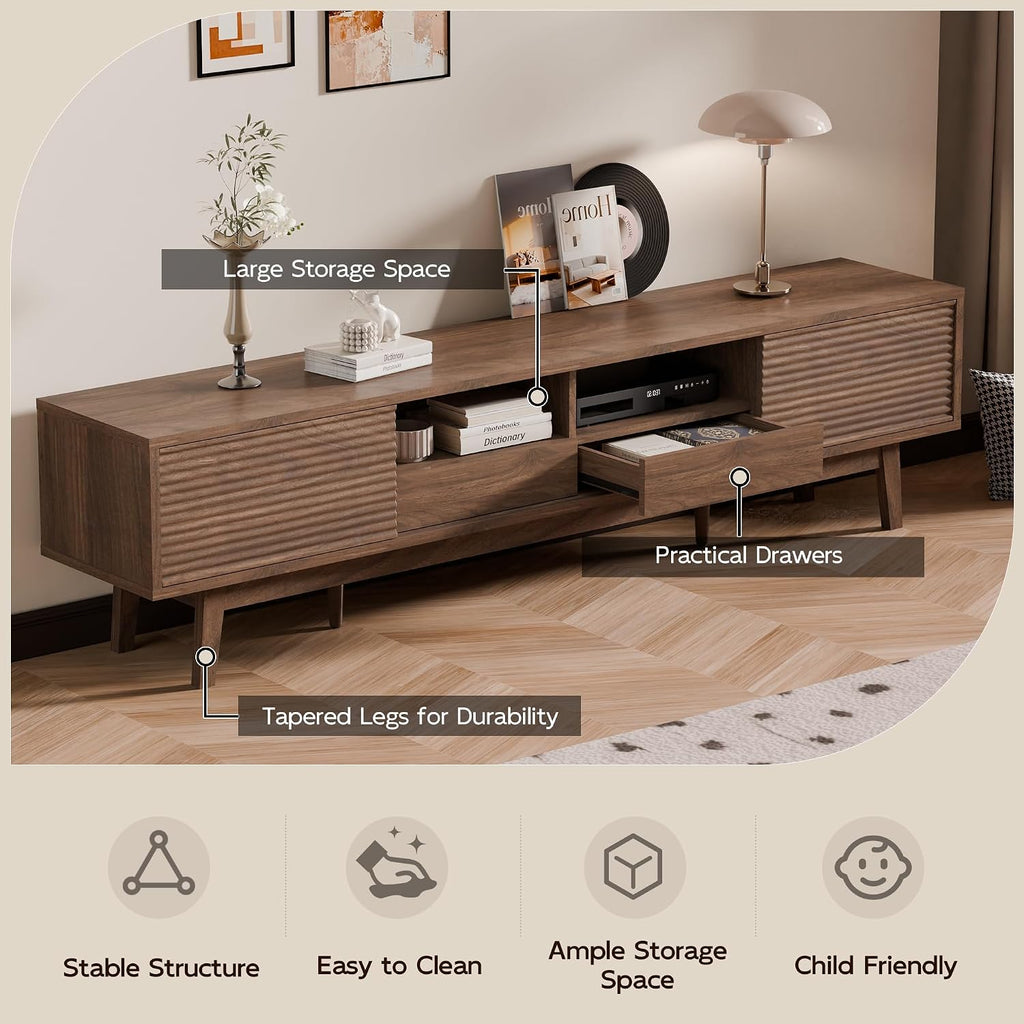 70" Mid Century Modern TV Stand for TVs up to 75 Inch, Low Profile Entertainment Center with Fluted Sliding Doors & Storage Drawers, Wood TV Console Table for Living Room, Walnut