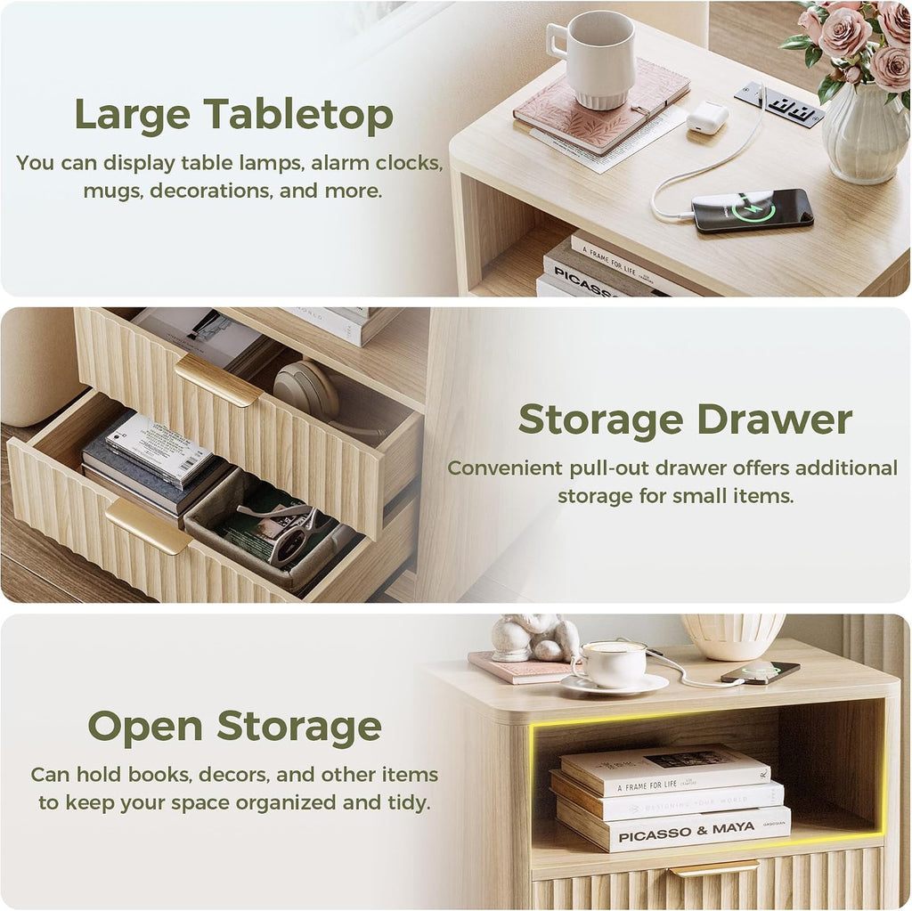 Fluted Night Stand Set of 2, Modern Nightstand with Charging Station, Drawers and Open Shelves - Bedside Table Wood