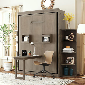 Full Murphy Bed with Convertible Desk&Dual 3-Tier Side Shelves&Extra Storage Racks, Wooden Rotating Hidden Wall