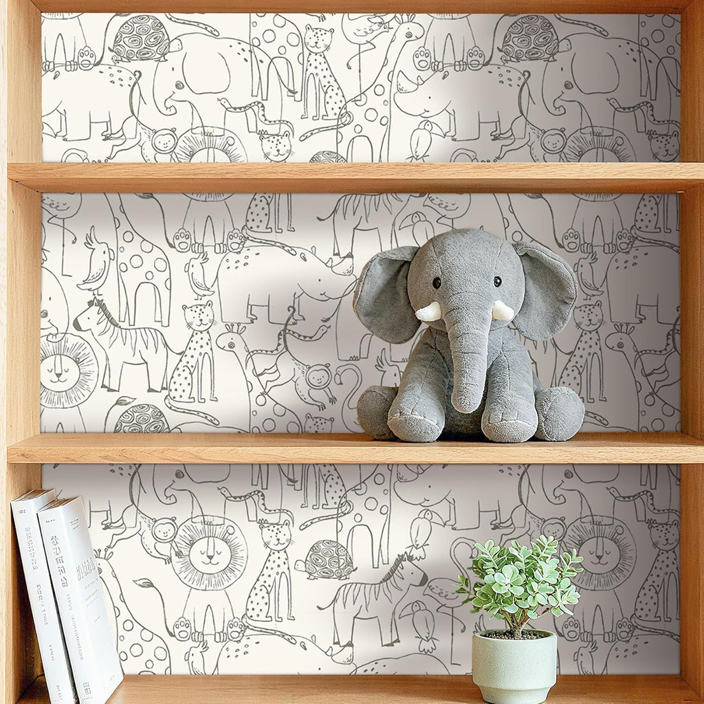 17.5x276 Neutral Animal Peel and Stick Wallpaper Fun Kids Wallpaper Playroom Accent Wall Covering Baby Girl Nursery