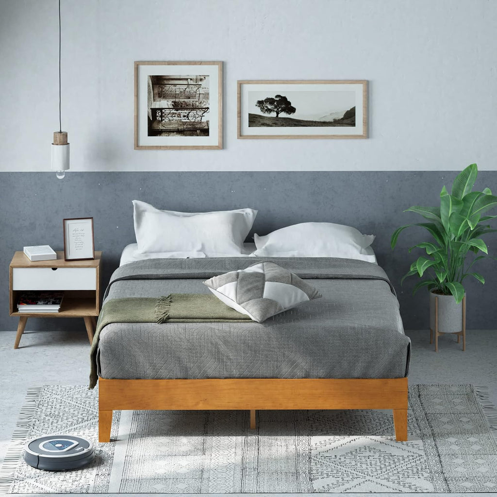 12 Inch Deluxe Wood Platform Bed / No Boxspring Needed / Wood Slat Support / Rustic Pine Finish, Queen (OLB-PWPBBO-12Q)