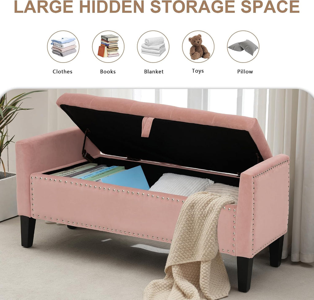 Velvet Ottoman with Storage, 46'' Upholstered Button Tufted End of Bed Bench with Arms, Modern Storage Bench , Pink