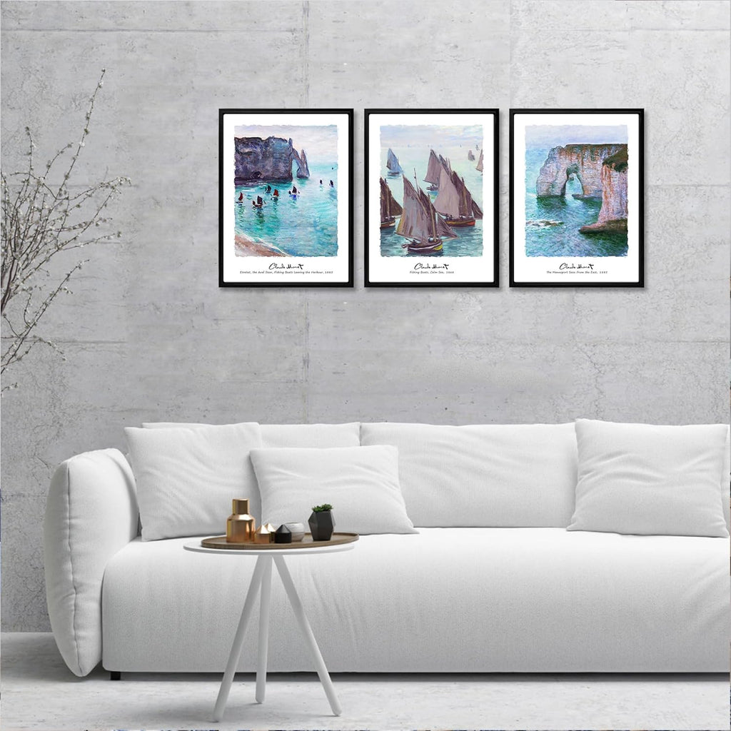 3-Piece Claude Monet Prints Framed Wall Art, Fishing Boats Cliffs at Etretat The Aval Door Oil Painting Reproduction