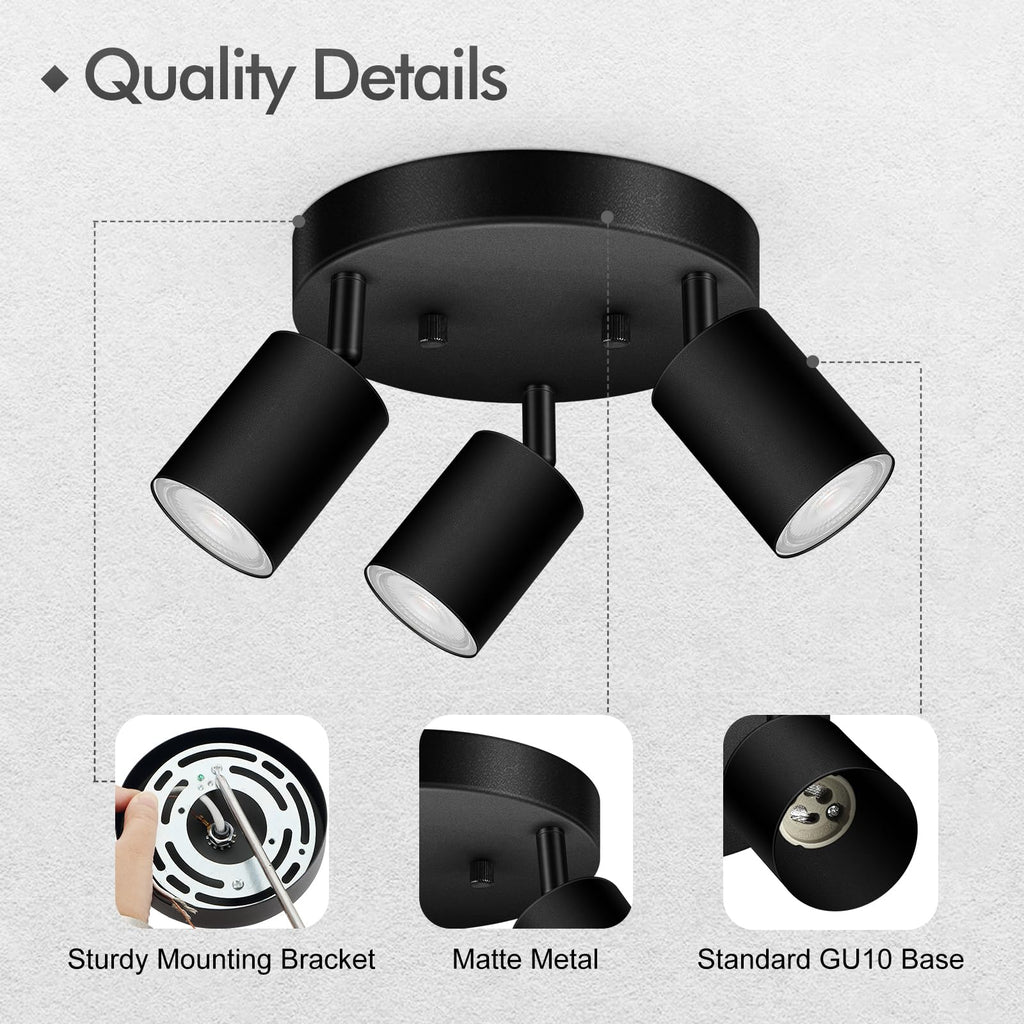 3 Light Track Lighting Fixtures Ceiling, Matte Black Round Directional Ceiling Spotlight, GU10 Flush Mount