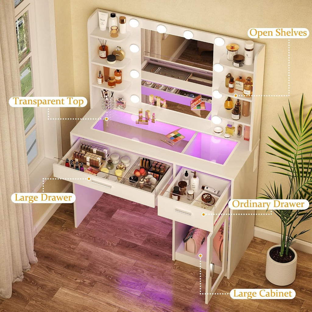 Vanity Desk with Mirror and Lights, Makeup Vanity Desk with Lights 3 Colors, Transparent Top Vanity with 2 RGB