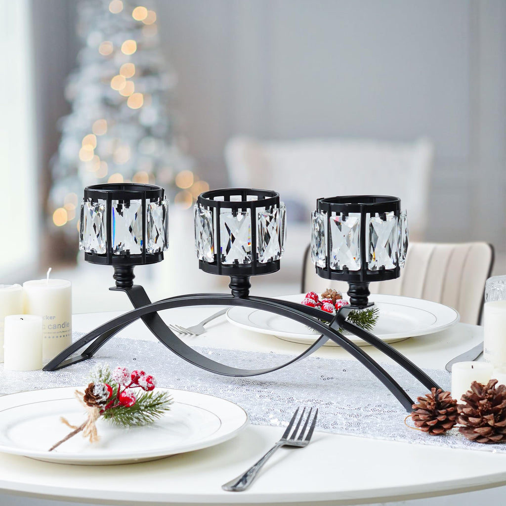 Black 3-Arm Crystal Candle Holders Arched - Elegant Tabletop Candelabra Centerpiece for Weddings, Dining Room Decor