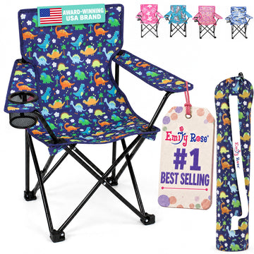 Playful Dinosaurs Kids Folding Camp Chair - Lightweight Portable Toddler Beach Chair Ages 2-7 with Safety Lock Cup