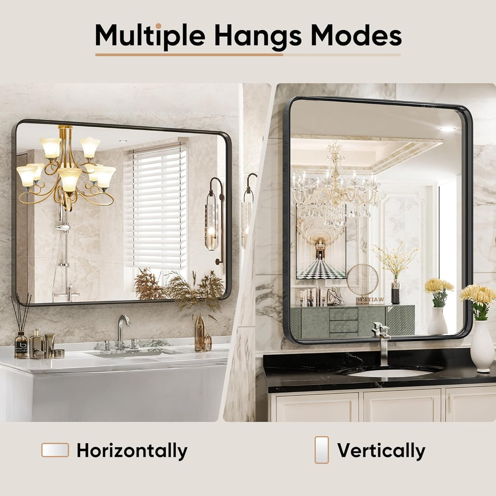 Black Metal Framed Vanity Rounded Rectangle Bathroom Mirrors for Over Sink Wall, 36x24 Inch Large Matte Mirror, Modern