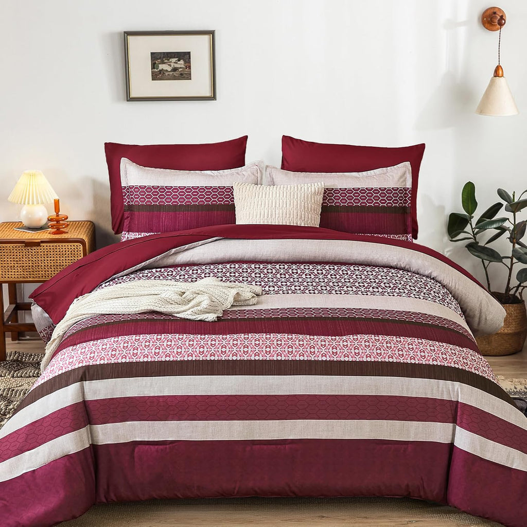 DJY Boho Comforter Set King,7 Pieces Bed in a Bag Burgundy Red Striped Bedding Sets,Patchwork Soft Microfiber Bedding