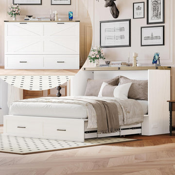 Modern Farmhouse Solid Wood Murphy Cabinet Bed with Charging Station, Foldable Wall Platform Bed with Storage