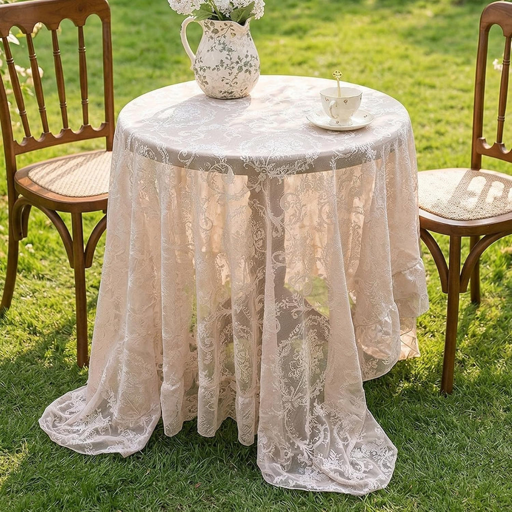 Cream Beige French Lace Ruffle Tablecloth 60 x 102 Inch with Ruffled Edge, Fits Round and Rectangula