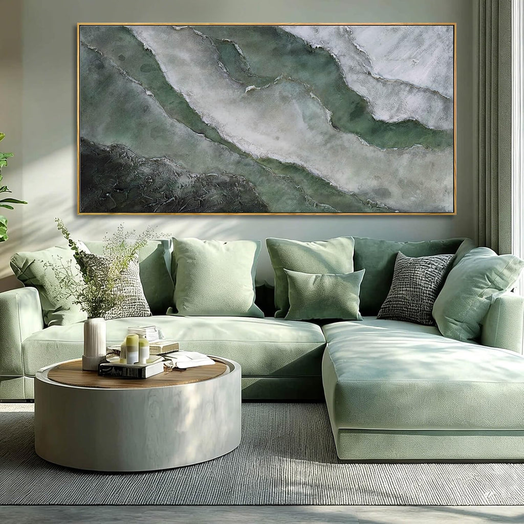 Green and White Abstract Wall Art, Large Framed Canvas Painting with Wooden Frame, Modern Abstract Wall