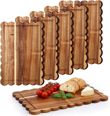 6 Pcs Acacia Wood Scalloped Charcuterie Trays Gift Set 12 x 10 Inch Wooden Serving Tray Cutting Board Bulk for Bread
