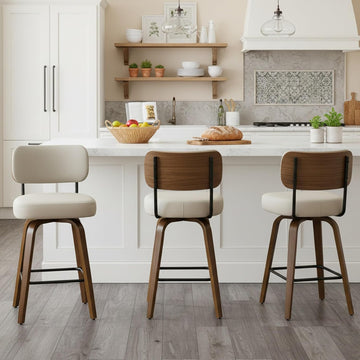 Swivel Bar Stools Set of 3, 26" Upholstered Counter Height Bar Stools with Back and Walnut Wood Legs, Faux Leather