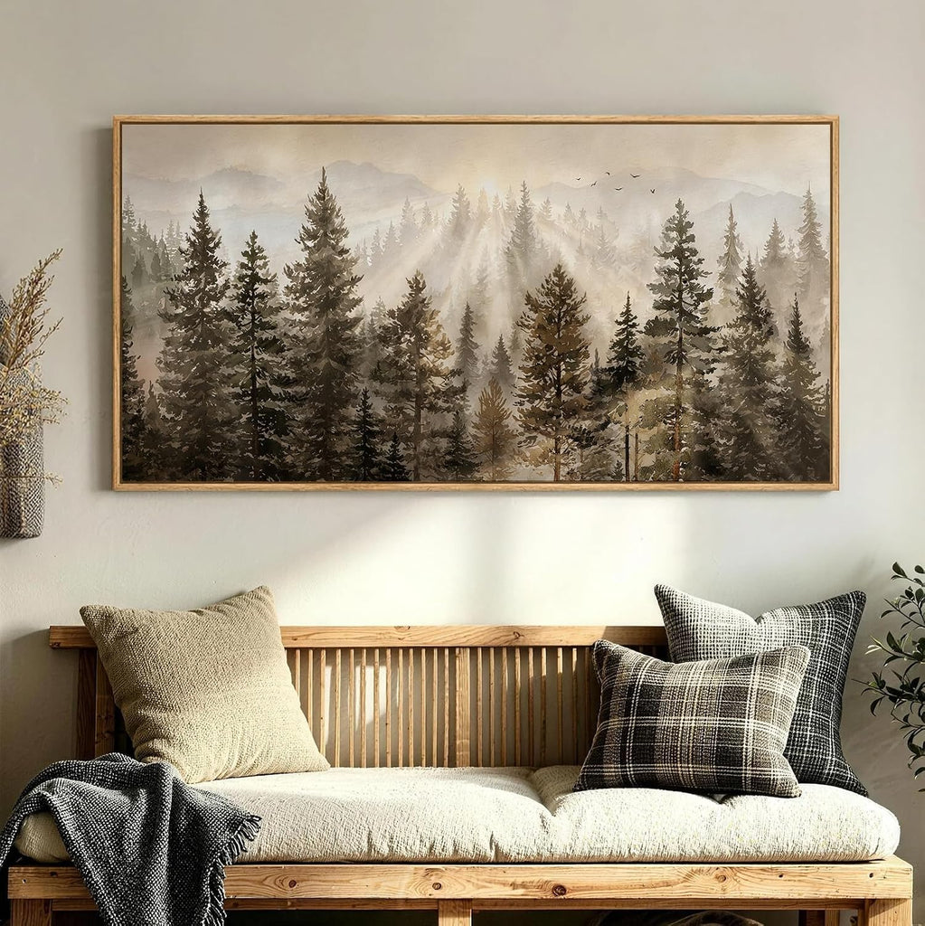 Extra Large Framed Forest Landscape Wall Art, Misty Pine Tree Mountain Nature Woodland Sunset Artwork for Walls