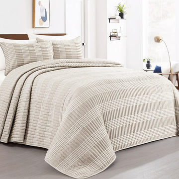 132x120 Seersucker Patchwork Quilt Set, Lightweight Plaid Bedspread Coverlet Set, All Season Bohemian