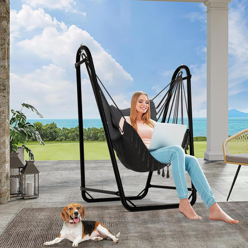 Unique U-Shaped Hammock Chair with Stand,Sturdy & Rust-Resistant,Free Gray Cotton Hammock Chair | U-Shape Anti-Tip