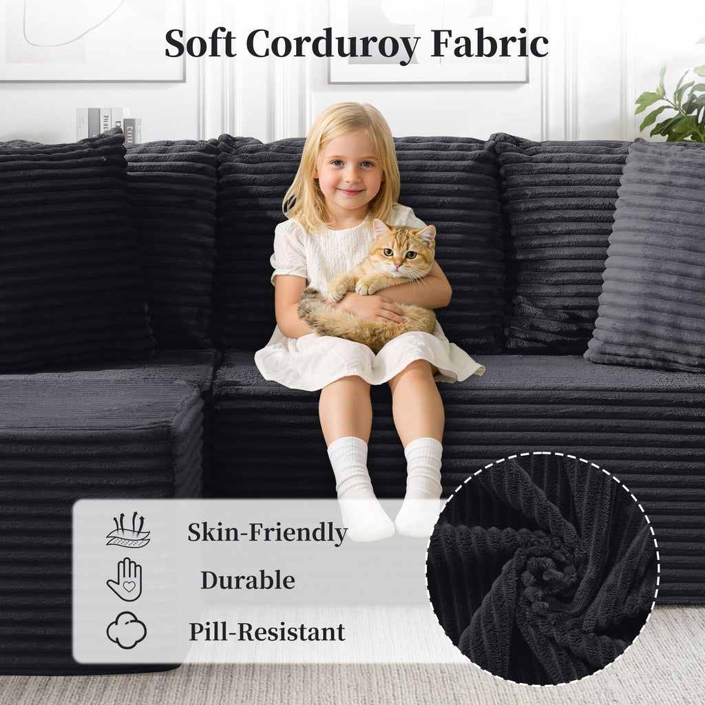 Cloud Modular Sectional Sofa with L-Shaped, Boneless Couches, Fluffy Comfy Corduroy Deep Seat with Ottoman, Bedroom