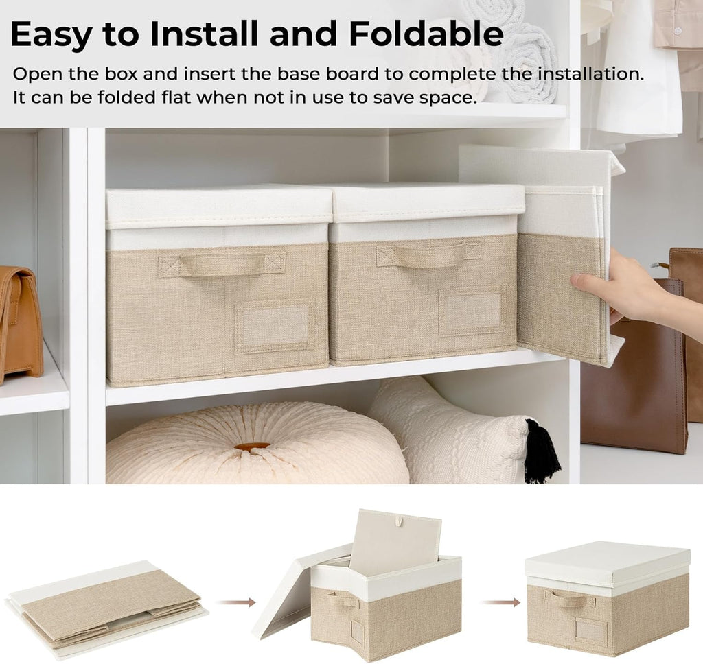 Storage Basket with Lid, Linen Fabric Storage Bins with Label, Decorative Storage Boxes, Clothes Storage and