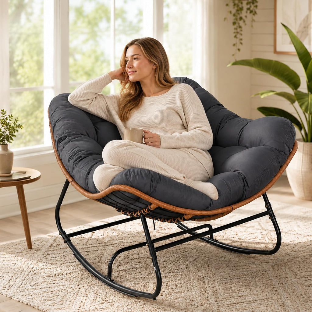 Papasan Rocking Chair Outdoor Oversized Rocker with 5" Cushion, 450 lbs Wicker Egg Recliner Chair Metal Patio Chair