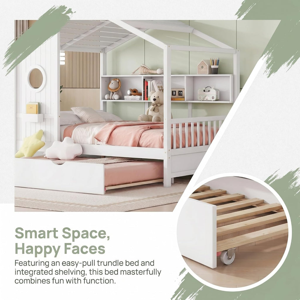 Full Size Bed Frames with Trundle, House Bed for Kids with Storage Shelves, White, 78" L X 58" W X 72" H