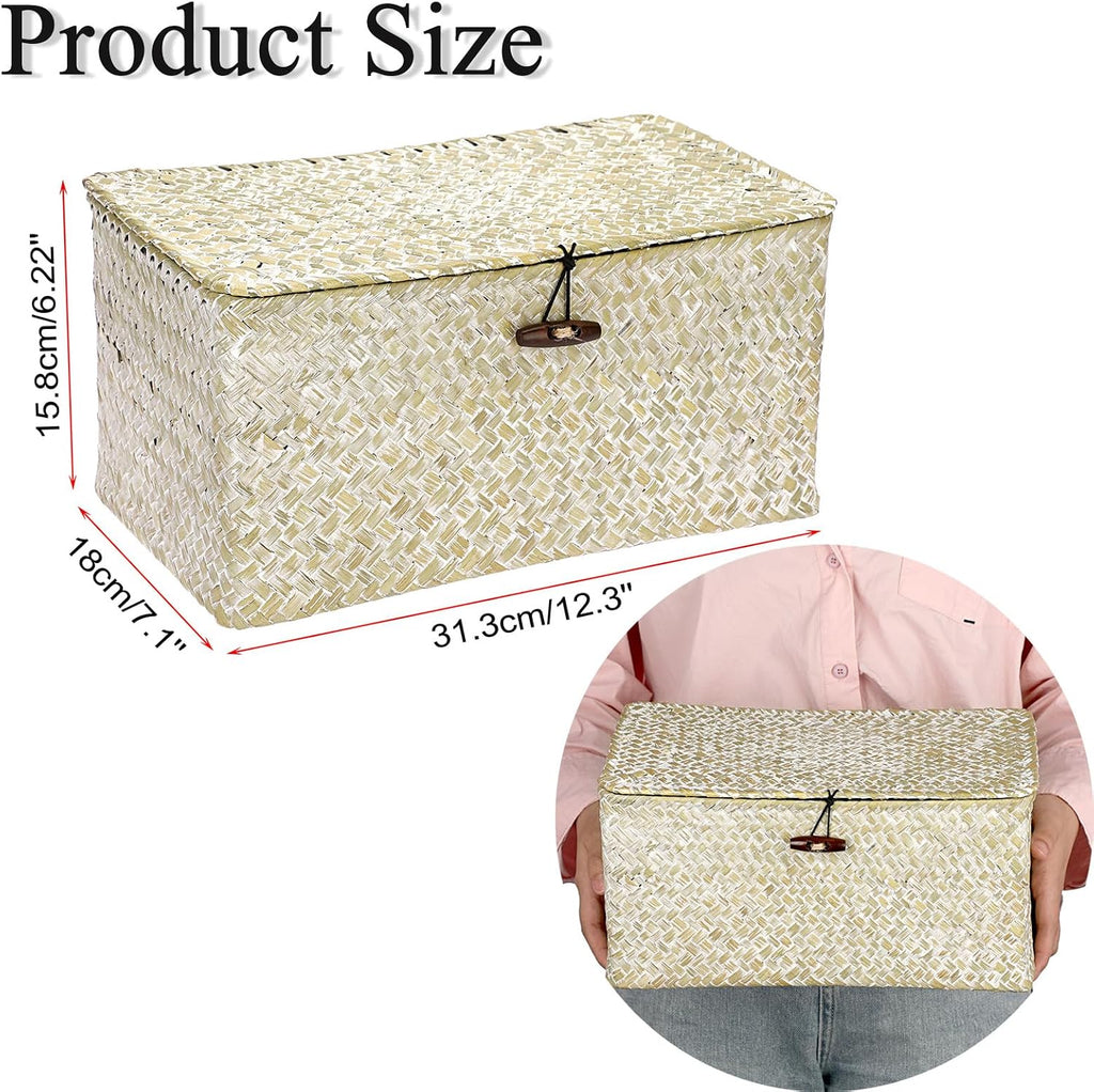 Seagrass Storage Basket Bins with Lid Handwoven Wicker Shelf Baskets | Rectangular Basket Household Organizer Boxes