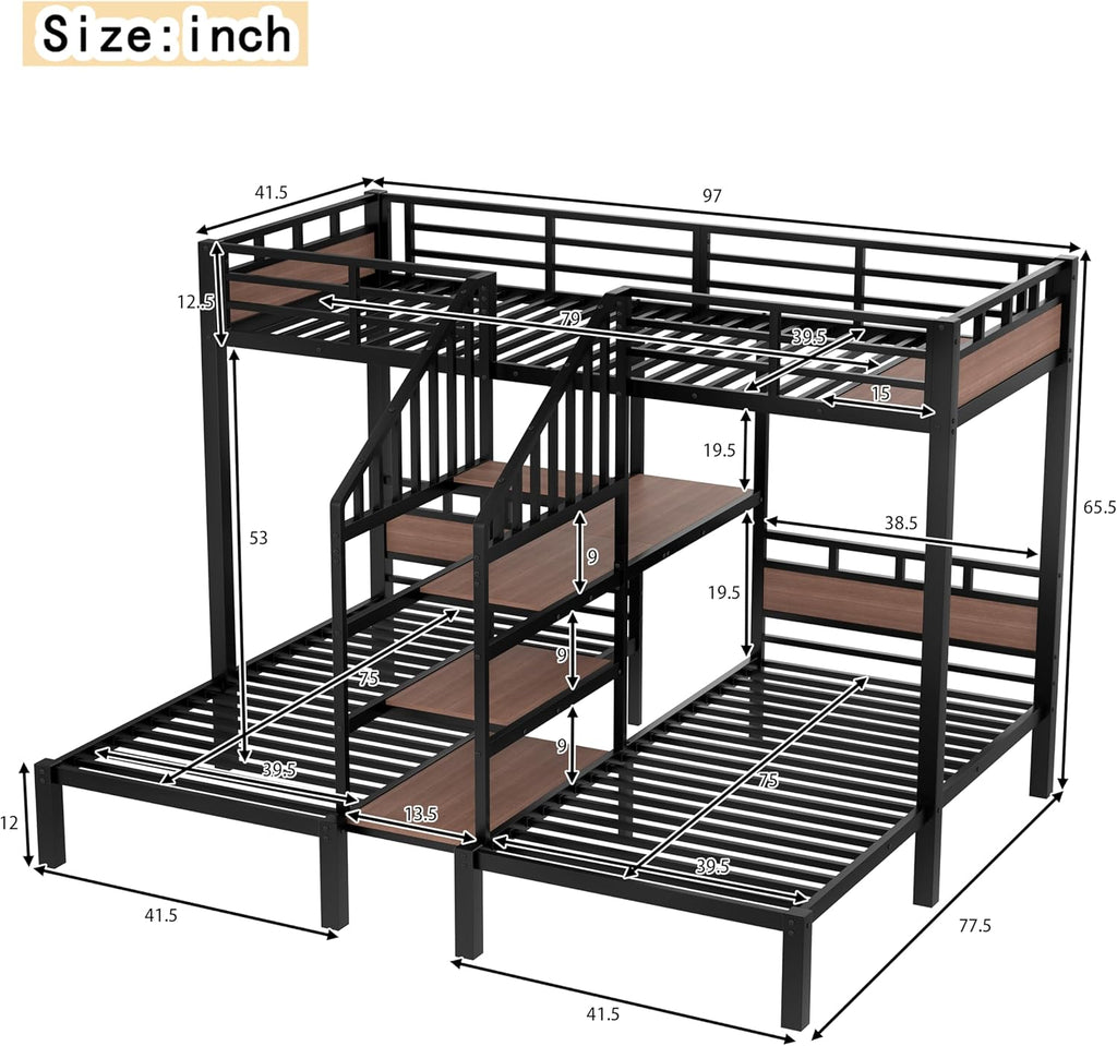 Twin Over Twin Over Twin Bunk Bed with Shelf and Storage Stairs