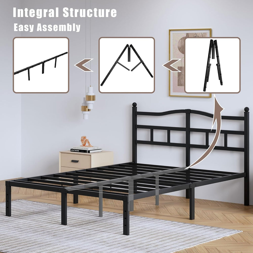 14 Inch Metal Bed Frame - Queen Heavy Duty Bedframe with Headboard Black Basic Steel Slats Platform No Box Spring