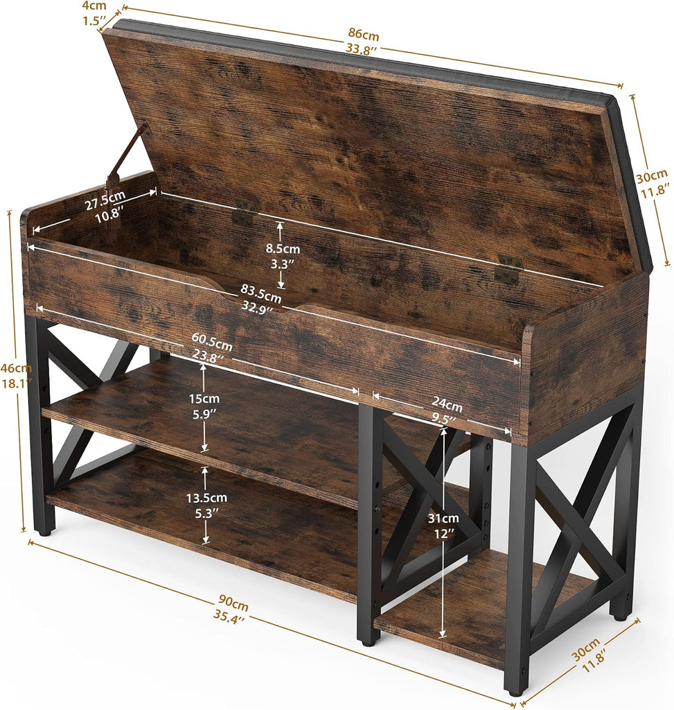 Shoe Bench, Lift Top Shoe Storage Bench, Adjustable Shelf Entryway Bench, Metal and Wood Shoe Rack Organizer with