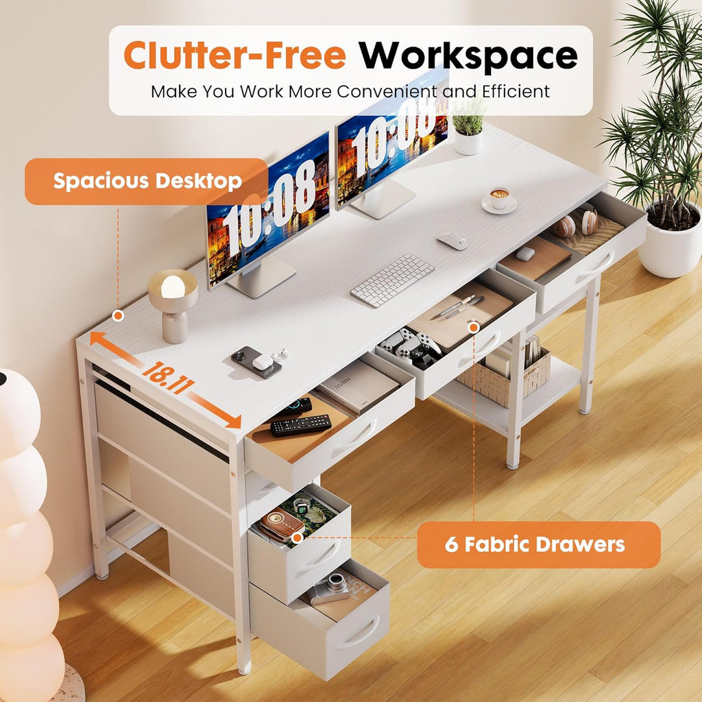 47" Computer Desk with 6 Drawers, Home Office Gaming Desks with Storage Shelves
