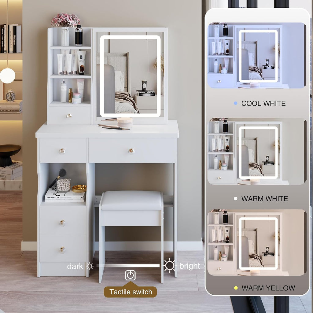 Vanity Desk with Lighted Mirror, 29.2" Makeup Vanity Table with Storage Drawers and Cushioned Stool, Compact Dressing