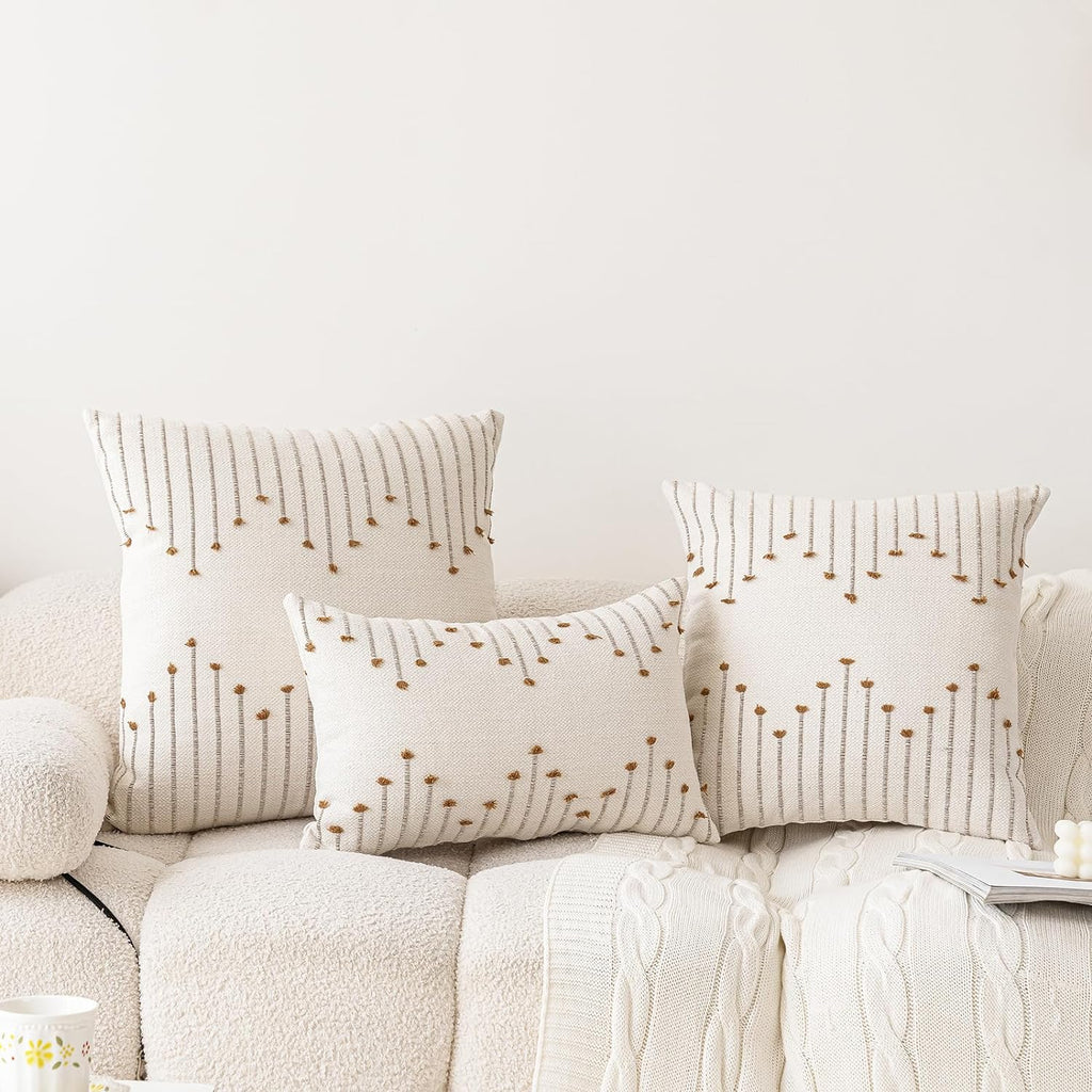 Boho Throw Pillow Covers 18x18 Set of 2 Neutral Decorative Textured Cushion Case Farmhouse Pillowcase Modern Square