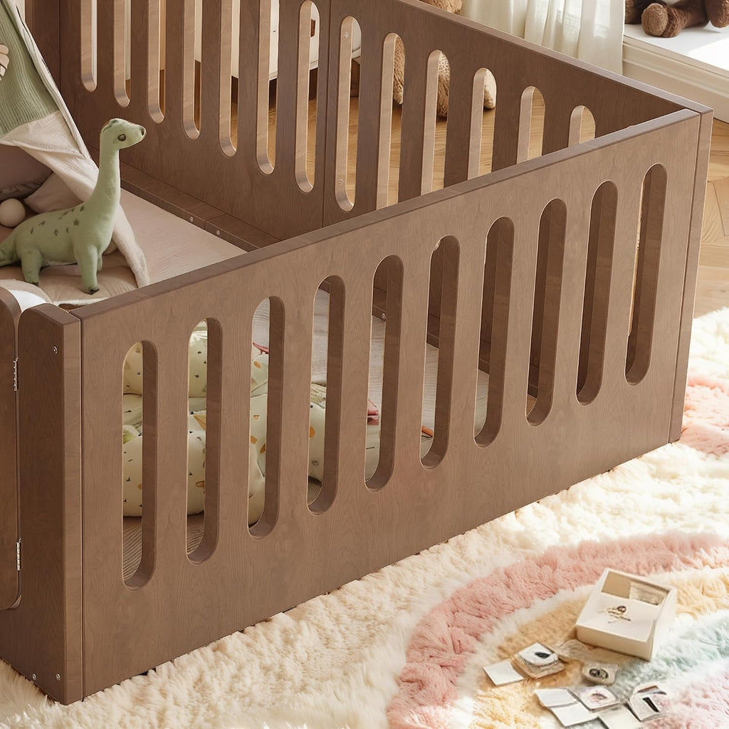 Full Size Wood Montessori Floor Bed Frame with High Fence, Natural | Modern Style Low-Profile Design Floor Bed with