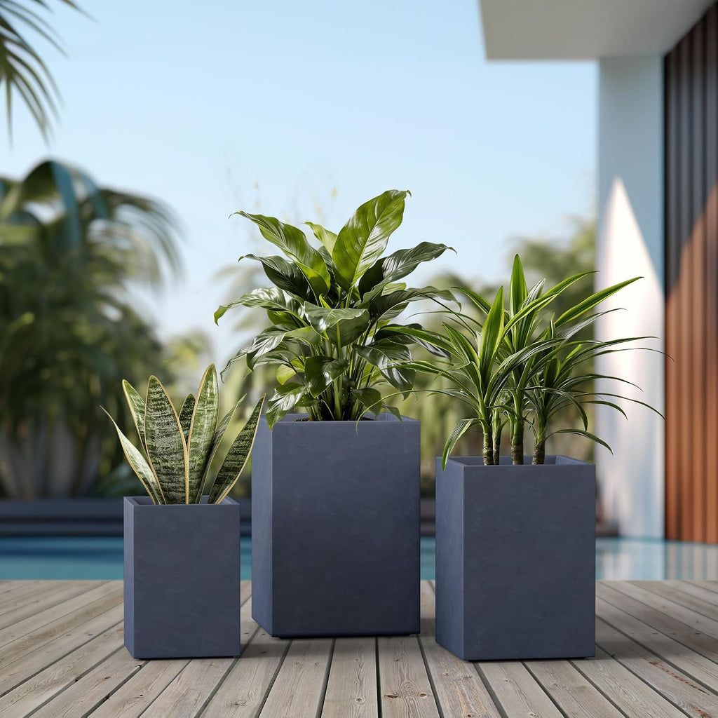 Set of 3 Charcoal Concrete Tall Planters 13" 11" 13" Dia | Drainage for Outdoor, Rubber Plug for Indoor Home