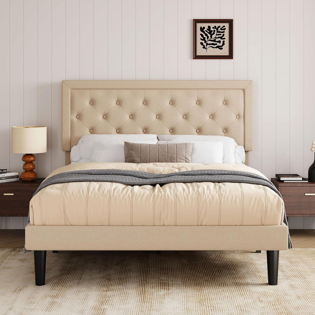 Queen Button Tufted/Fabric Upholstered Bed Frame with Adjustable Headboard/Wood Slat Support/Mattress Foundation/Beige